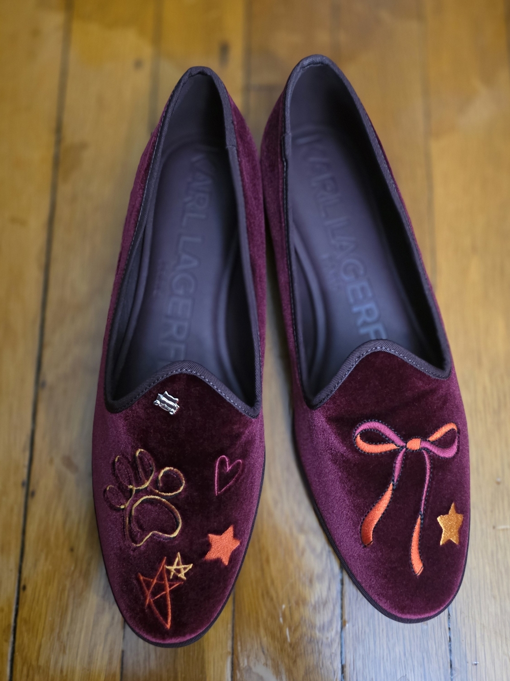 Karl Lagerfeld Burgundy Velvet Embroidered Loafers with Playful Motifs